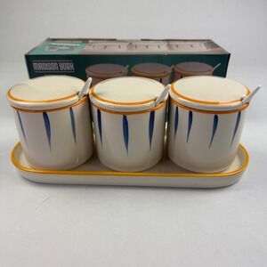 Madison York Ceramic Seasoning Jar Set 3 Lidded Canister Spoons Tray Blue Orange